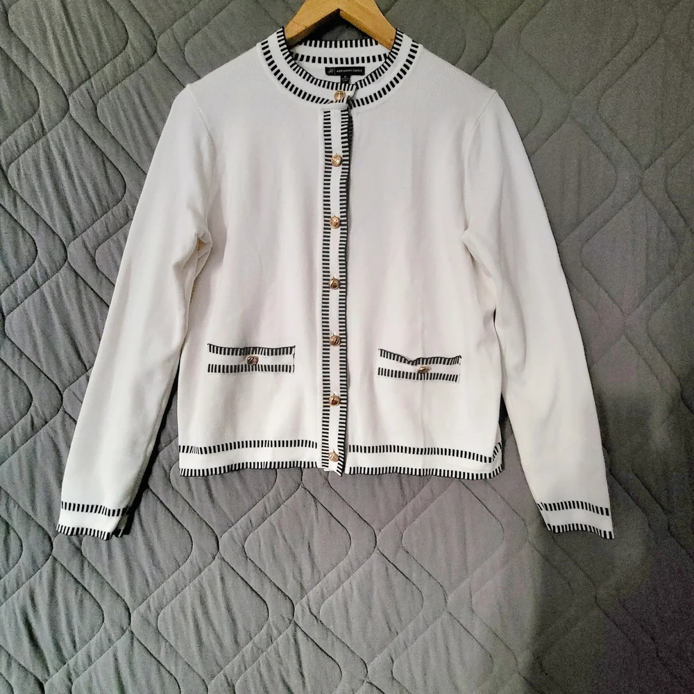 Adrianna Papell Womens White Blazer with Black Stripes Size US M - Picture 1 of 8